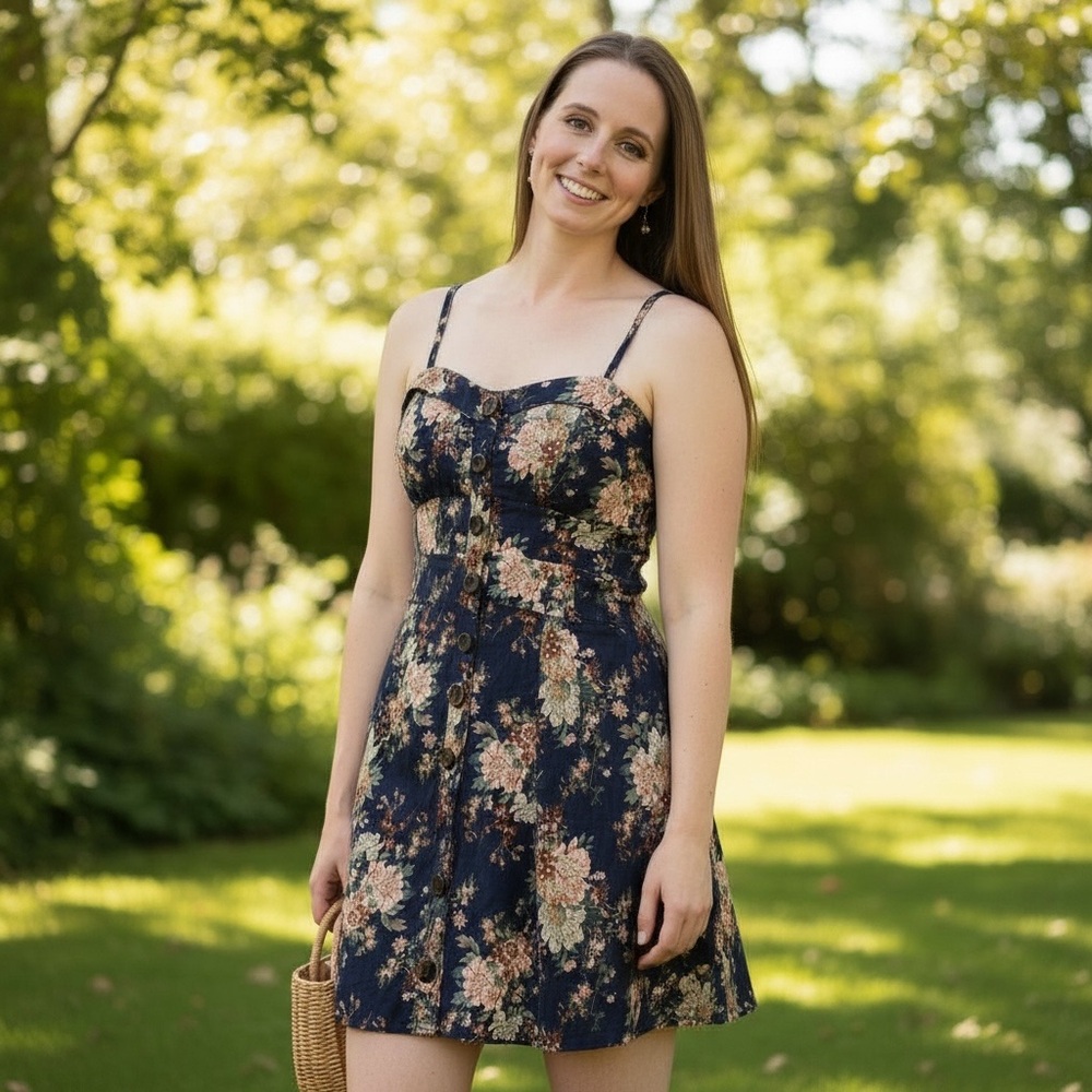 Navy Floral Button-Front Sundress – Spaghetti Straps
